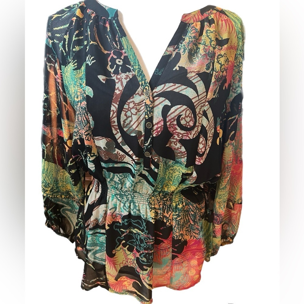 Calvin Klein Semi-Sheer Lined Elastic Waist V-Neck 3/4 Sleeve Blouse Medium